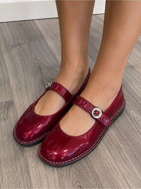 Mary Jane Glossy Oxblood Patent Flats with Buckle Strap